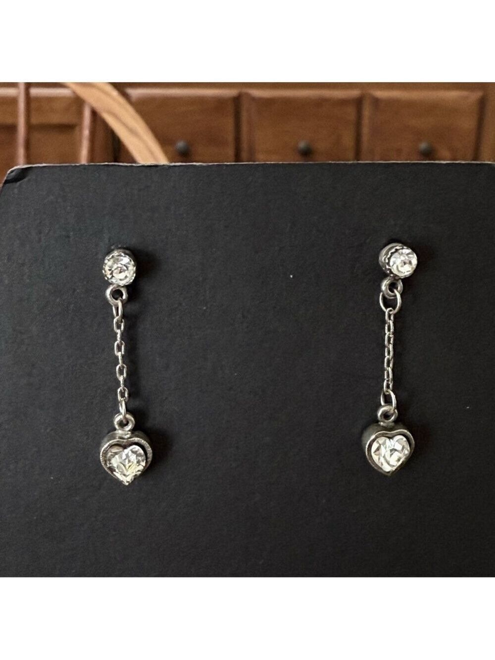 Vintage 1990s Heart Drop Earrings Silver Tone With Clear Crystals